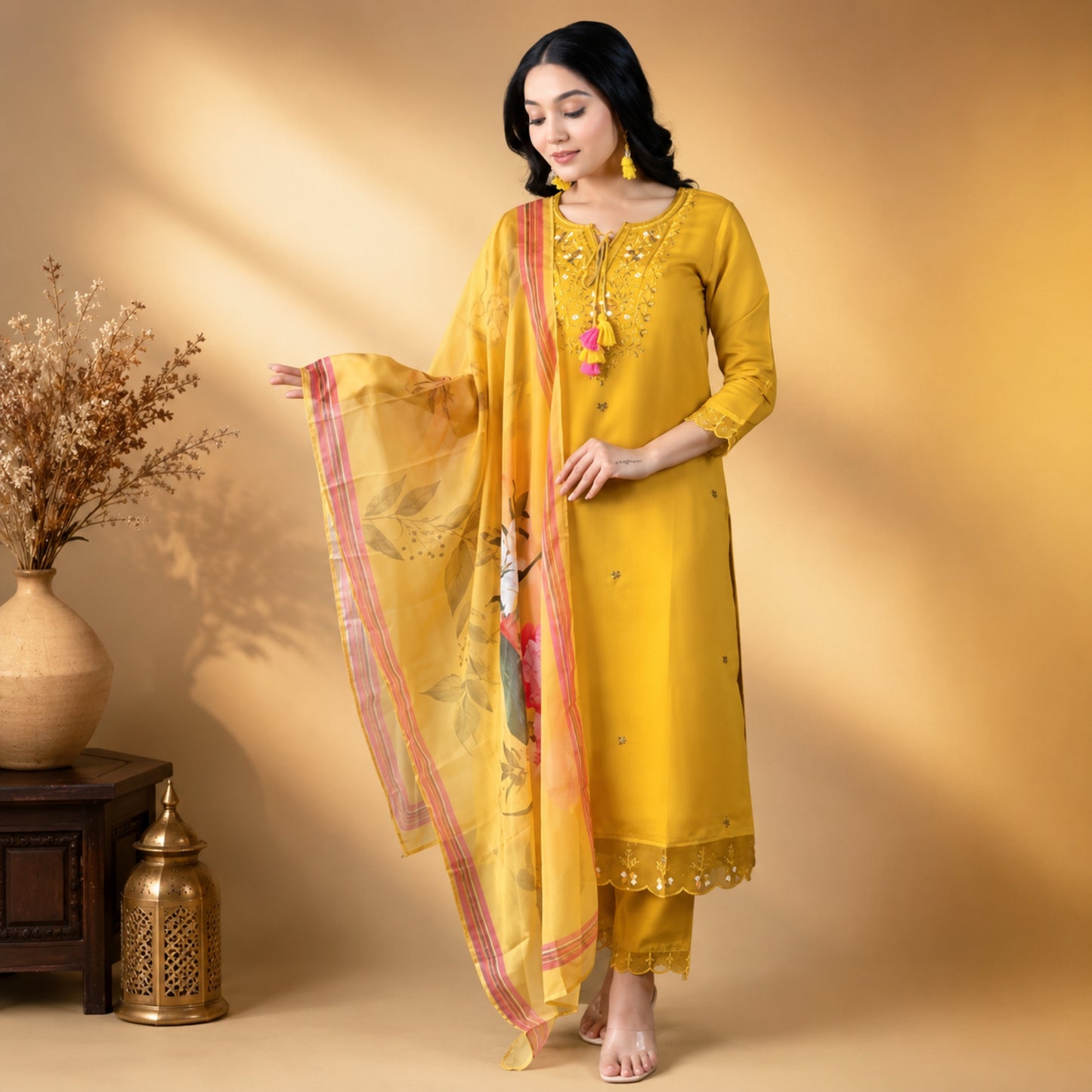 Mustard Grace Embroidered Kurta with Dupatta and Bottomwear