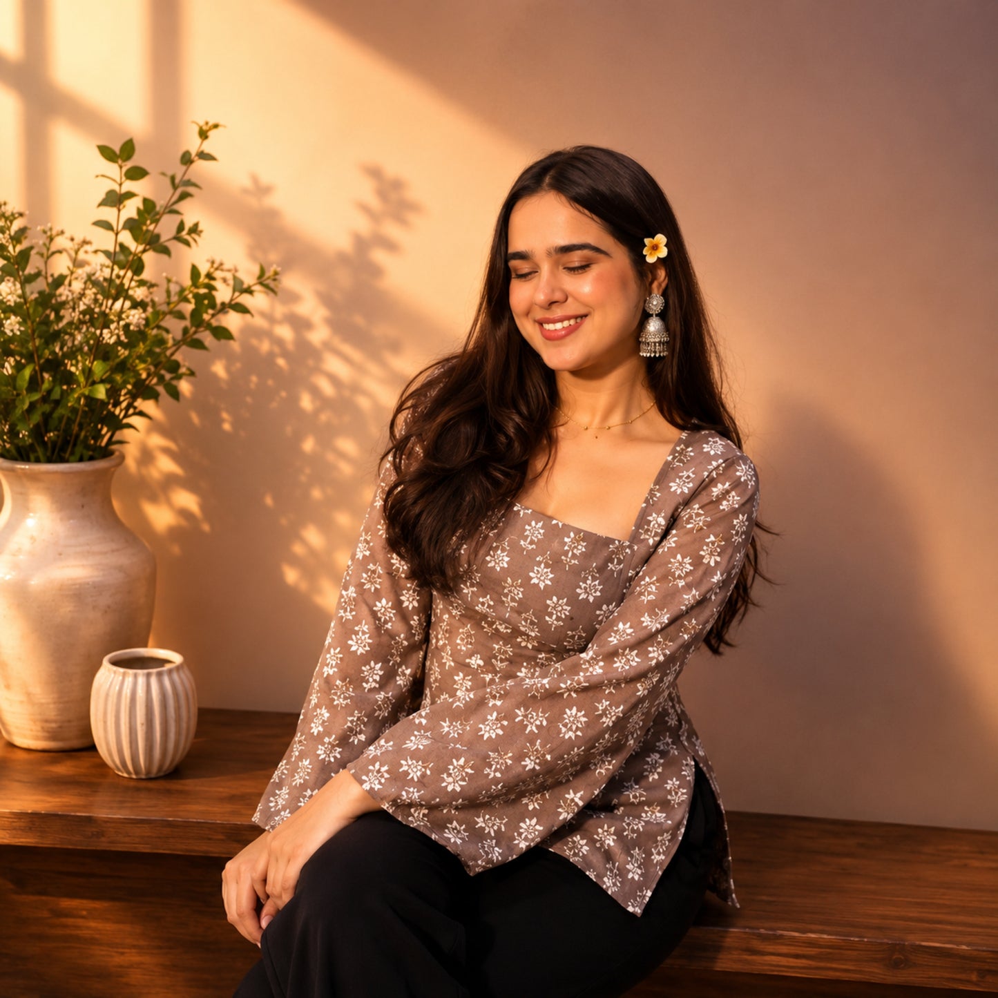 Mocha Bloom Printed Rayon Top