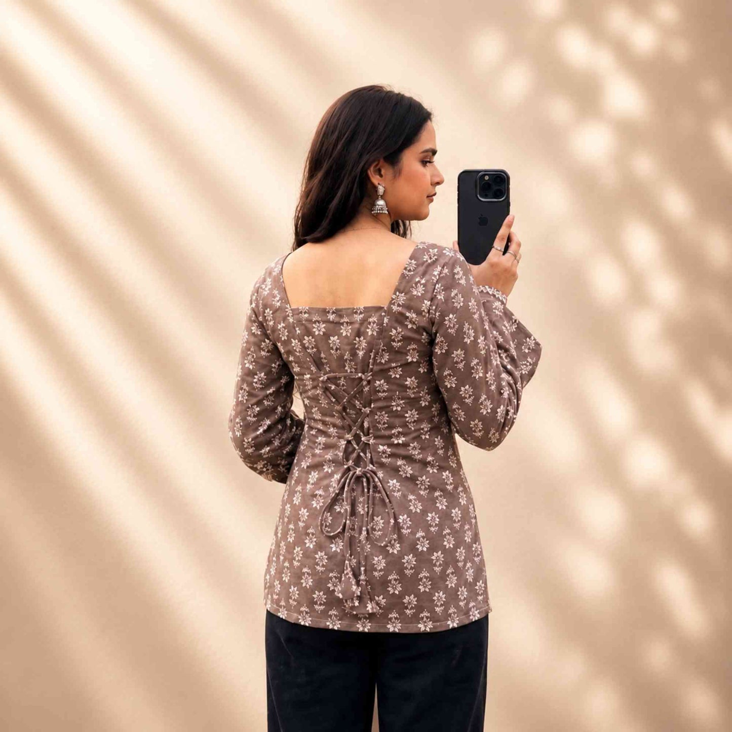 Women’s Brown Floral Printed Square Neck Top