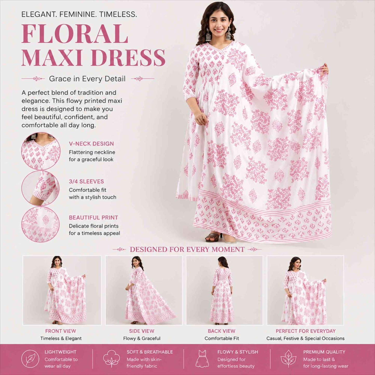 Elegant Pink Anarkali Kurti With Dupatta