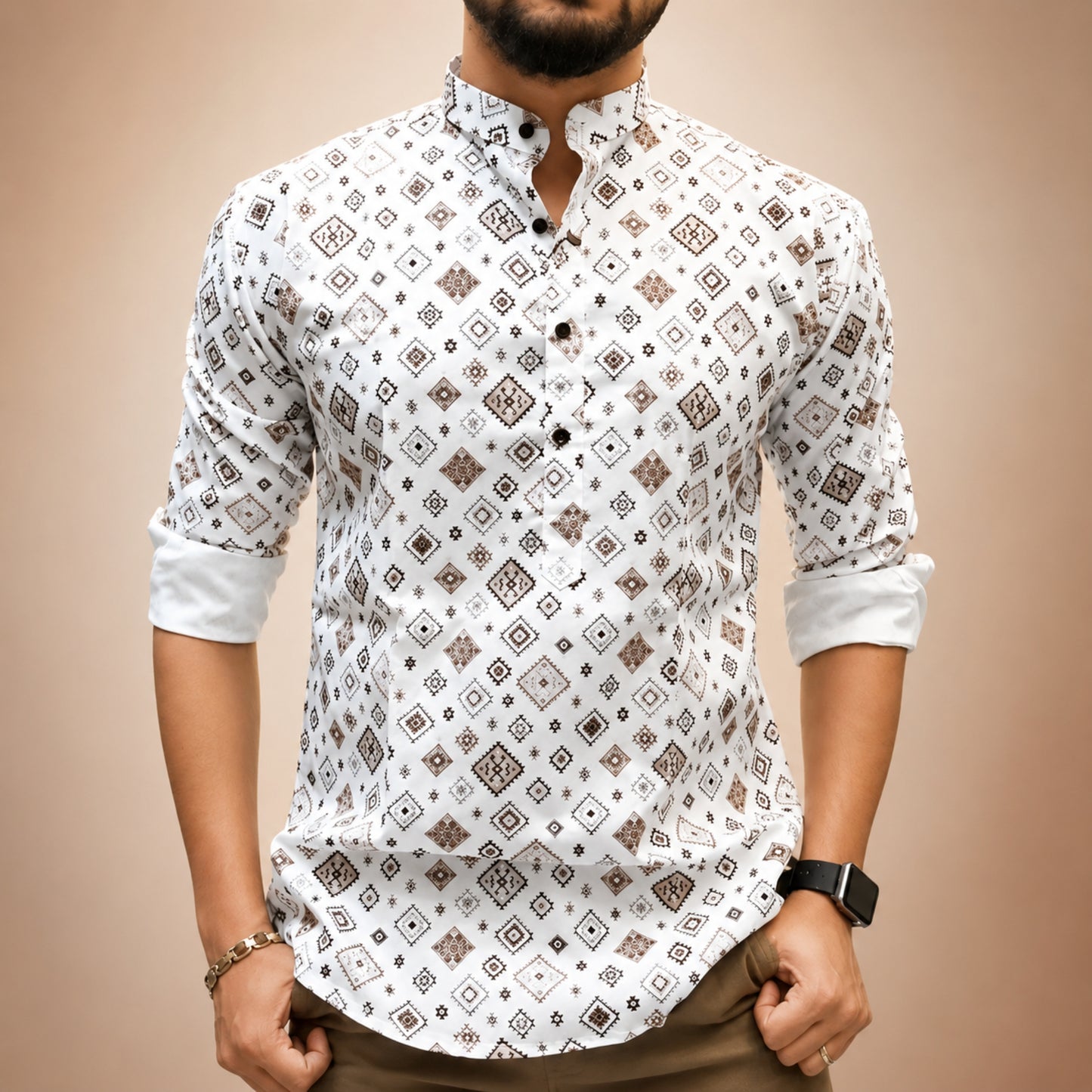 Classic White Ethnic Print Casual Shirt