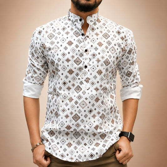 Classic White Ethnic Print Casual Shirt