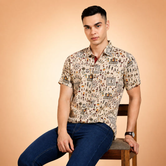 Heritage Print Beige Casual Shirt