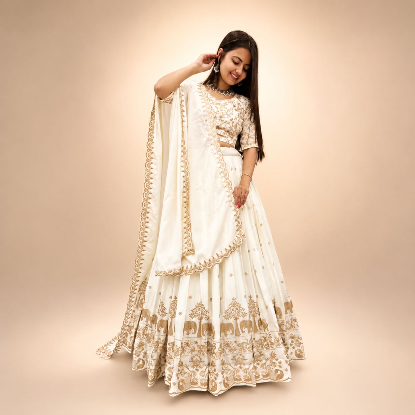 Ivory Elegance Embroidered Lehenga Set with Dupatta