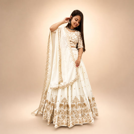 Ivory Elegance Embroidered Lehenga Set with Dupatta