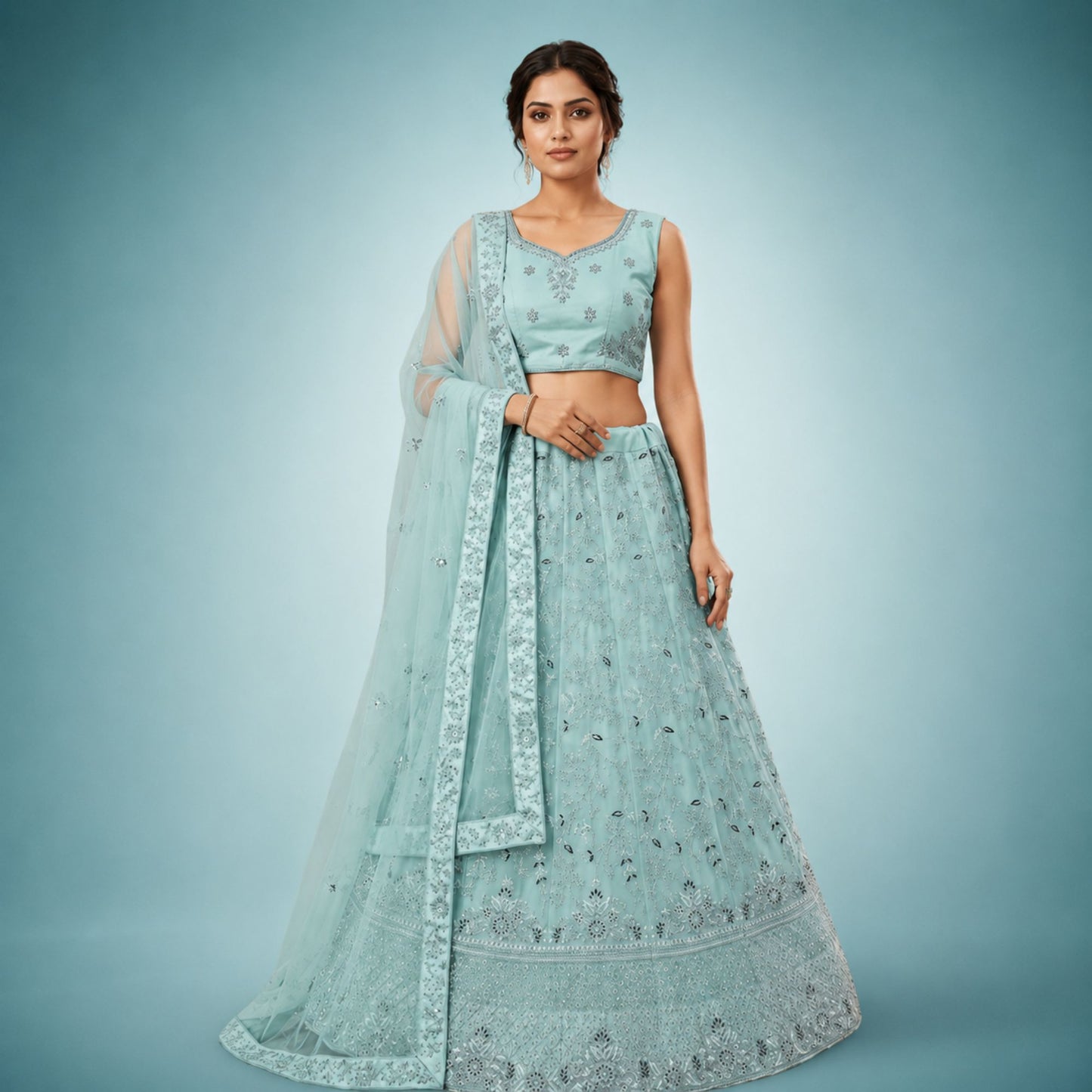 Aqua Elegance Embroidered Party Wear Lehenga Choli
