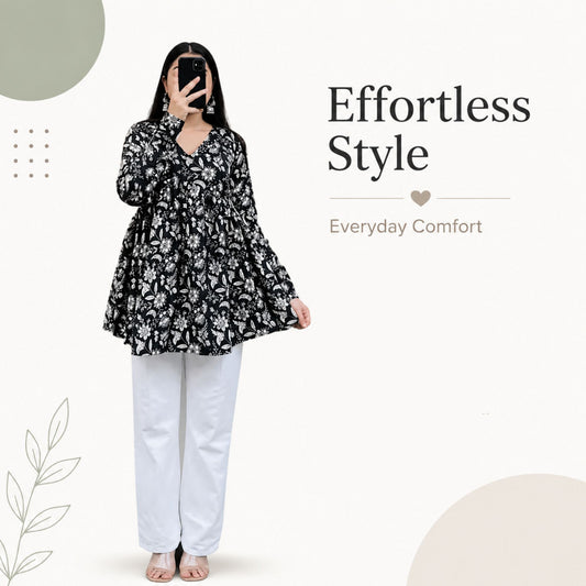 Black Floral Waist Tie-Up Top