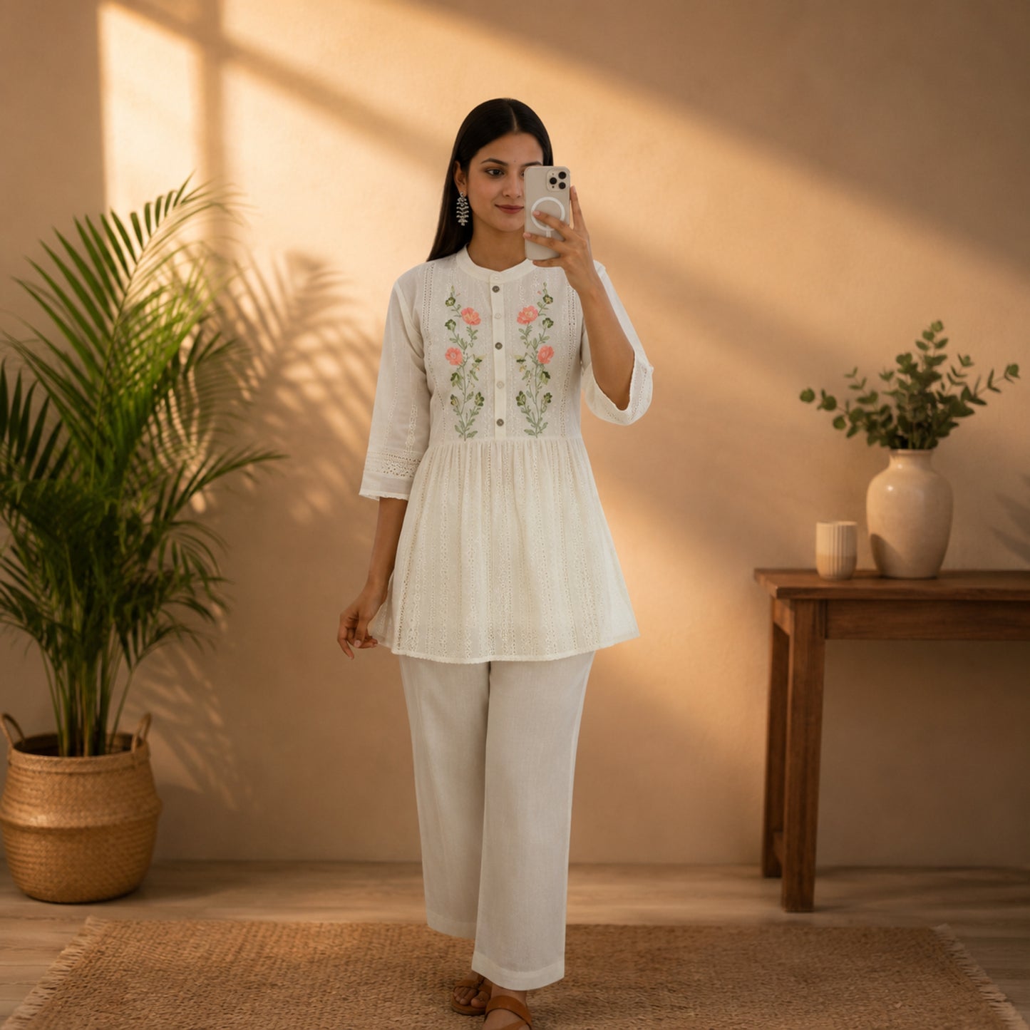 Premium White Embroidered Cotton Tunic Top
