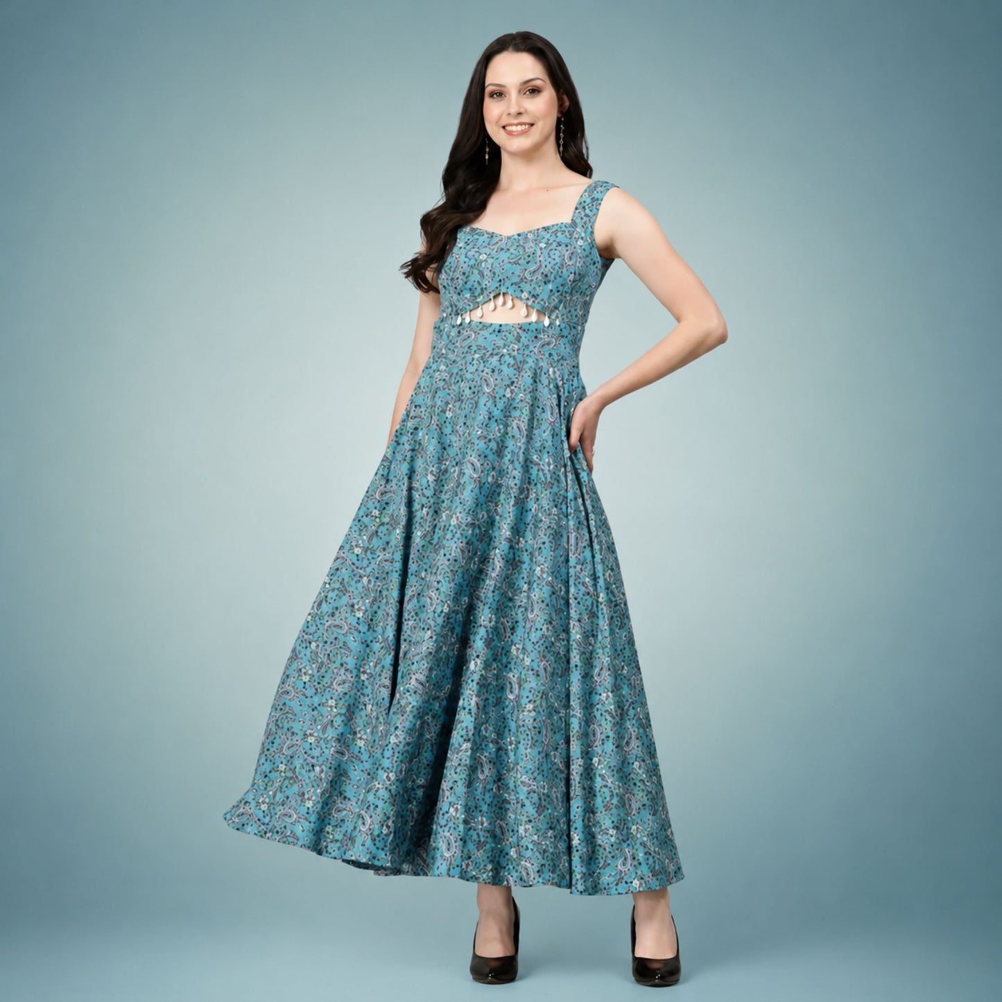 Azure Bloom Cut-Out Maxi Dress
