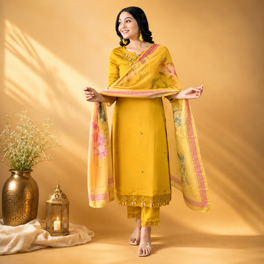 Mustard Grace Embroidered Kurta with Dupatta and Bottomwear
