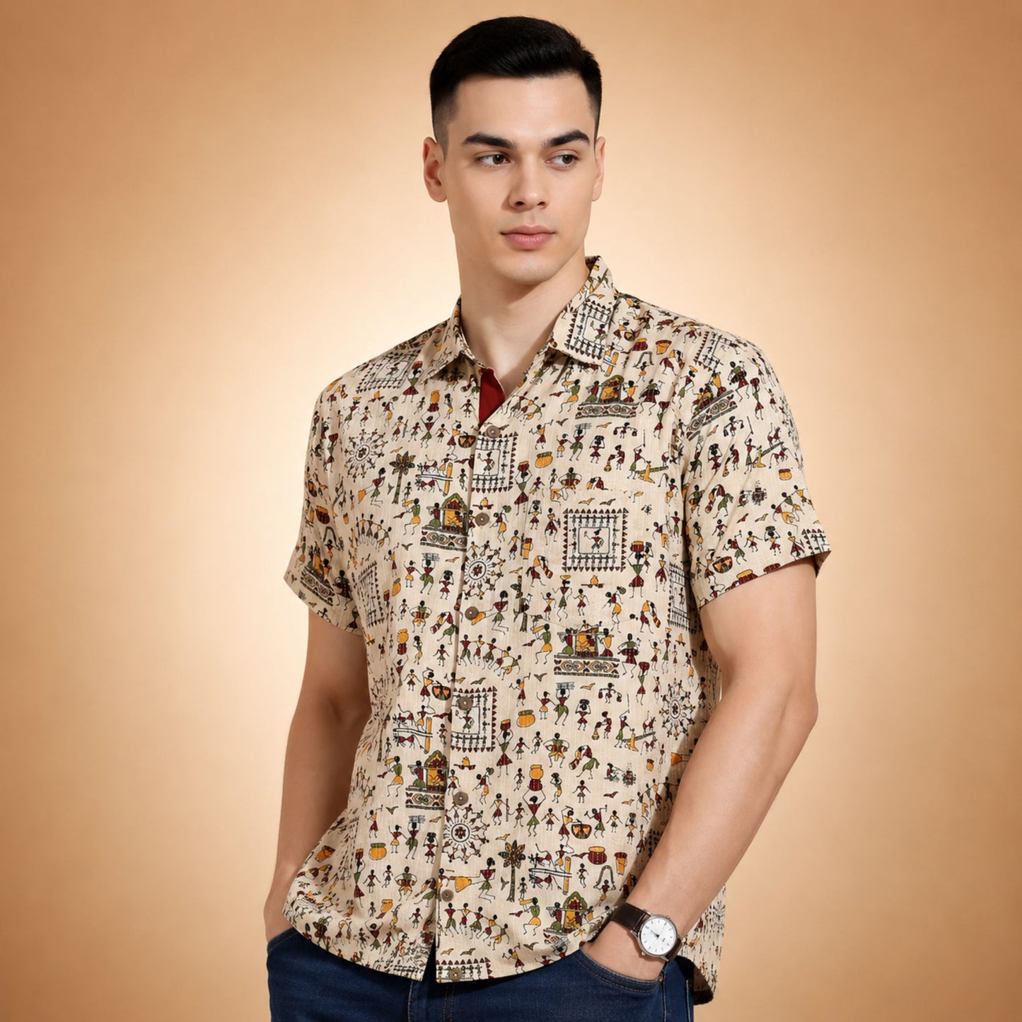Heritage Print Beige Casual Shirt