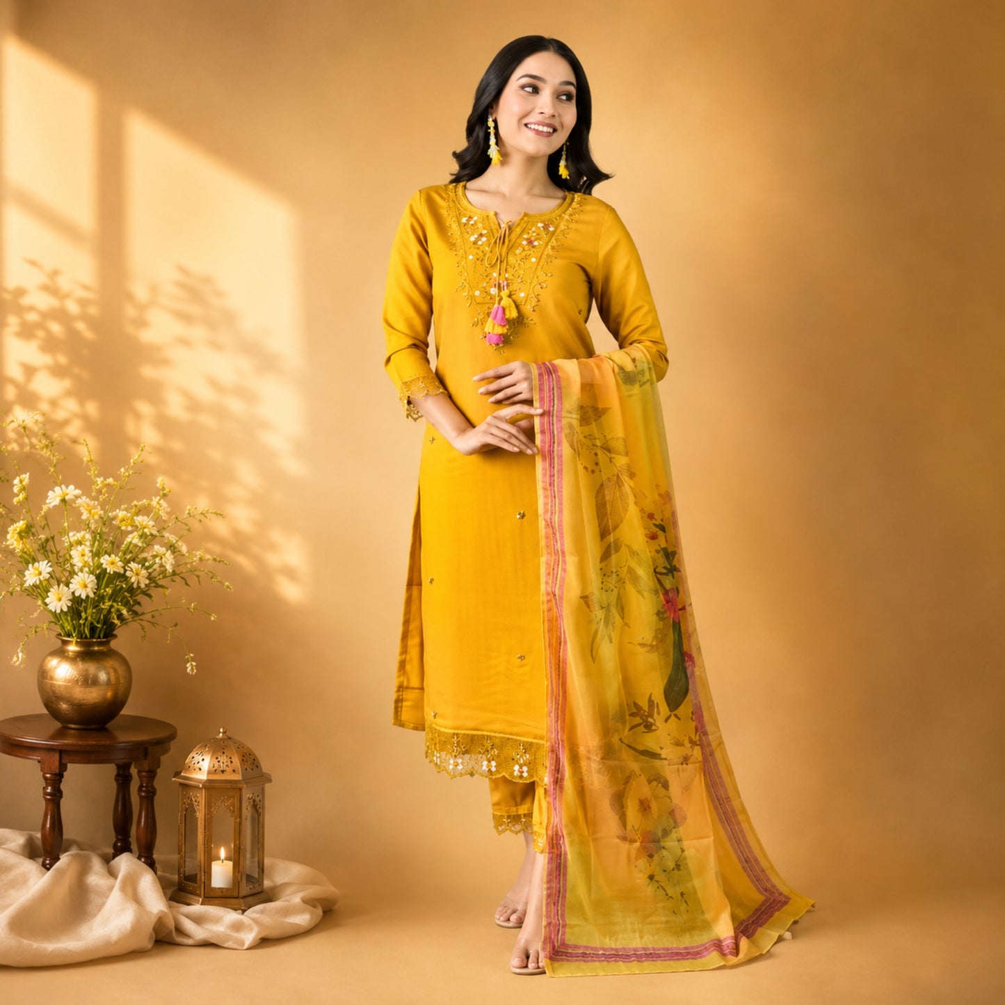 Mustard Grace Embroidered Kurta with Dupatta and Bottomwear