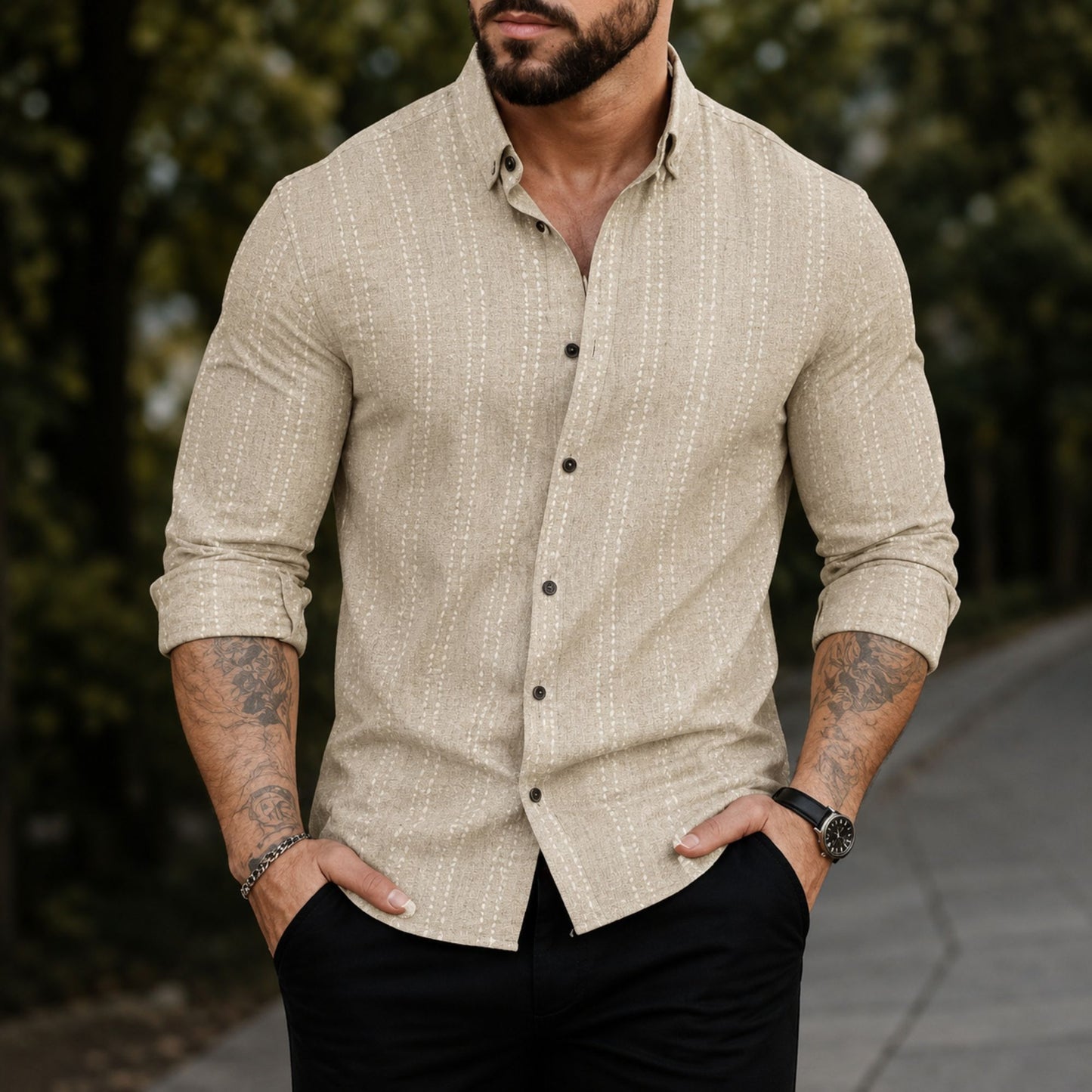 Beige Striped Casual Shirt