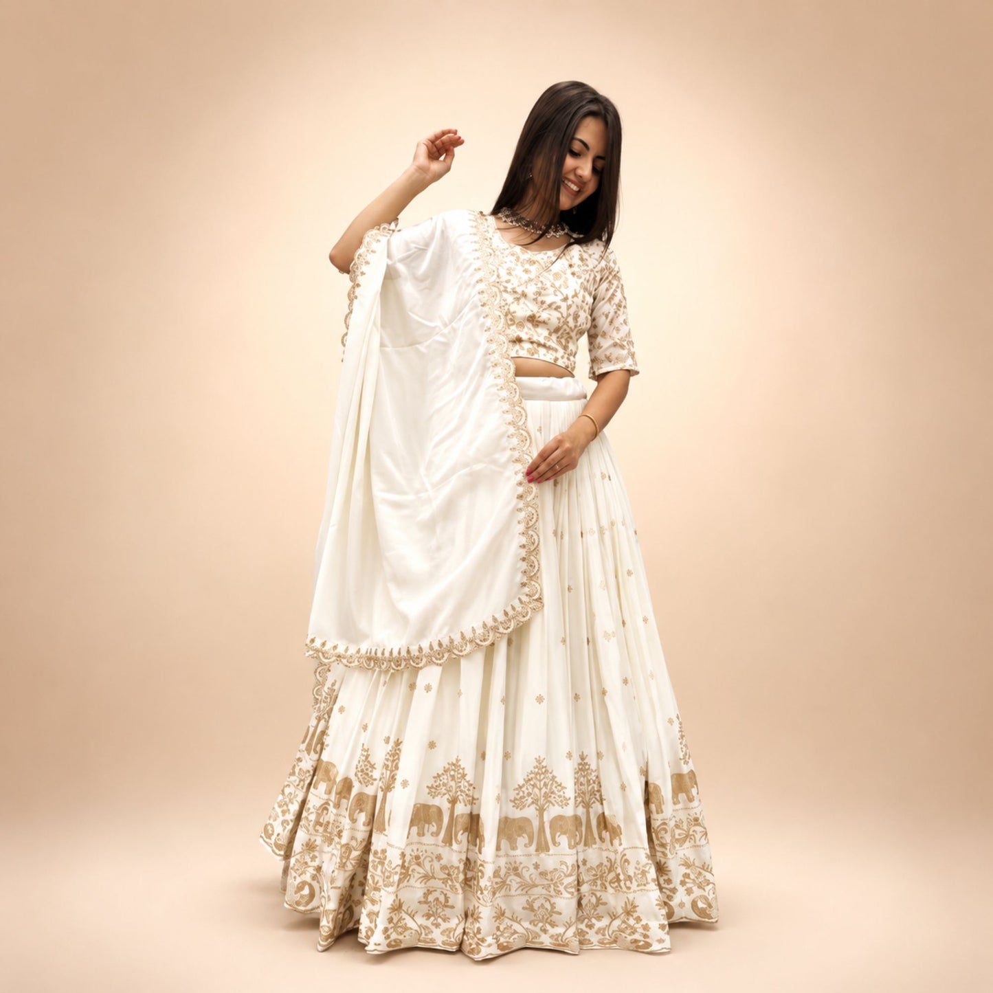 Ivory Elegance Embroidered Lehenga Set with Dupatta