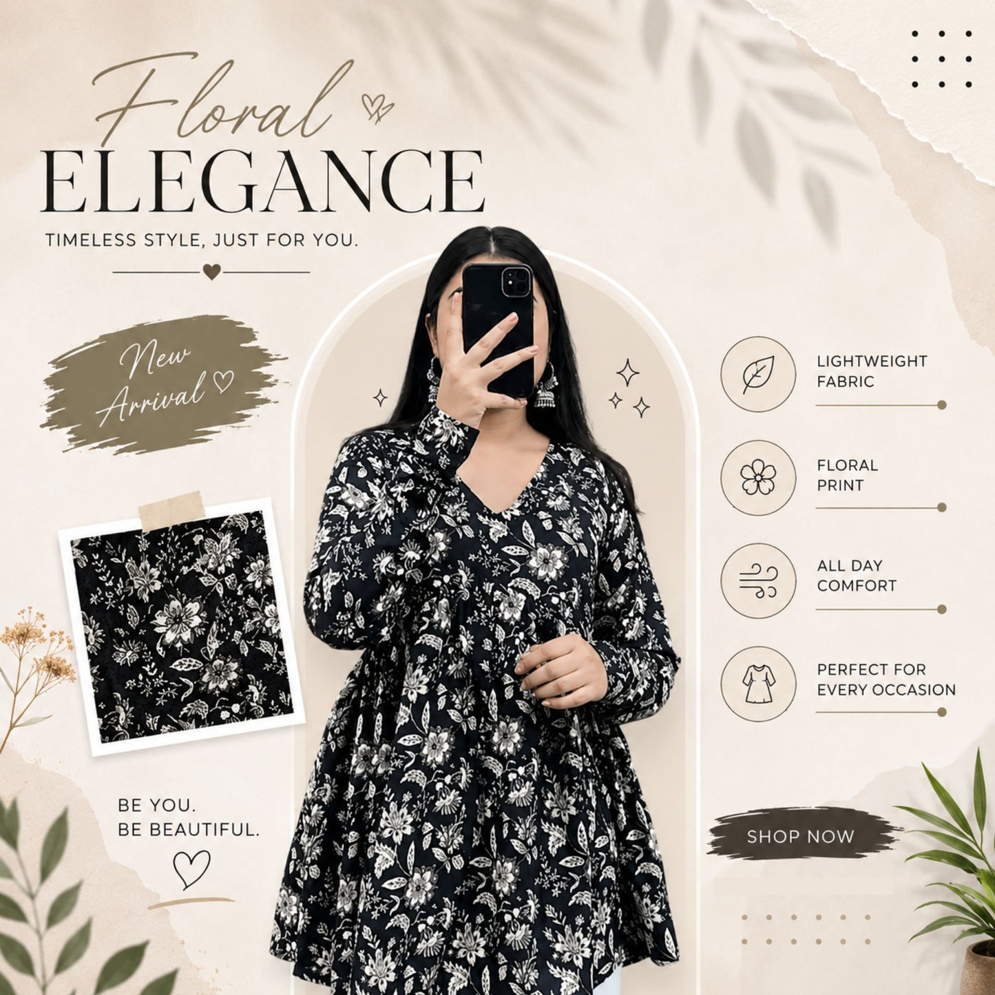 Black Floral Waist Tie-Up Top