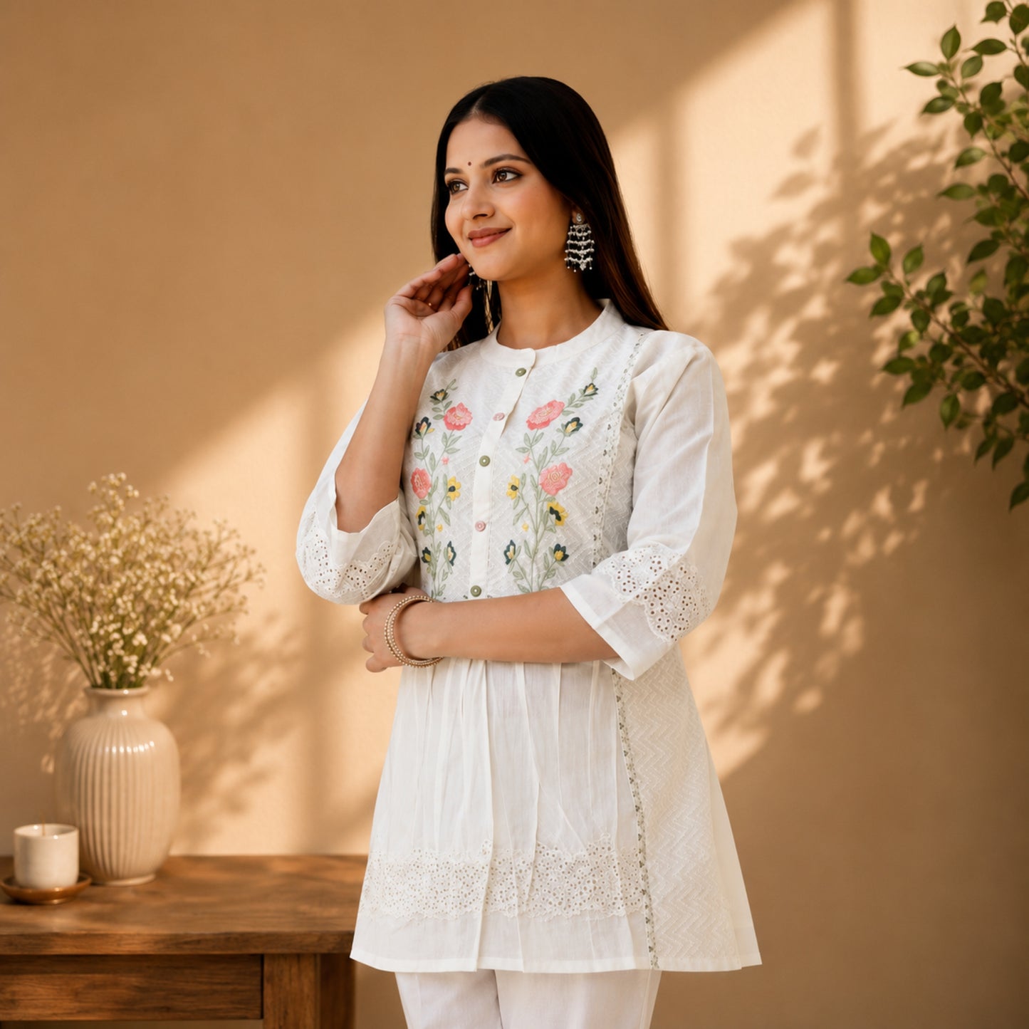 Premium White Embroidered Cotton Tunic Top