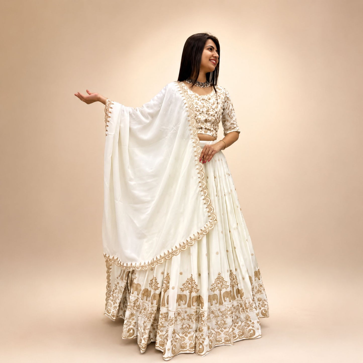 Ivory Elegance Embroidered Lehenga Set with Dupatta