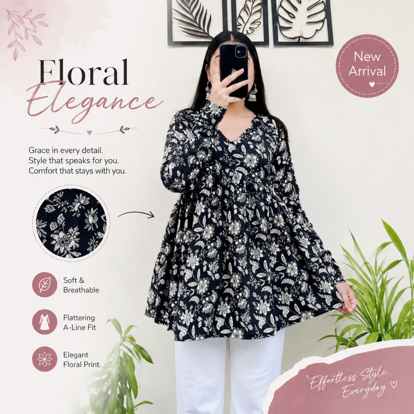 Black Floral Waist Tie-Up Top