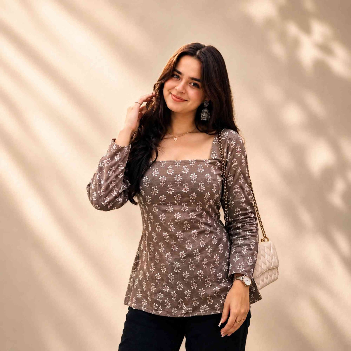 Women’s Brown Floral Printed Square Neck Top