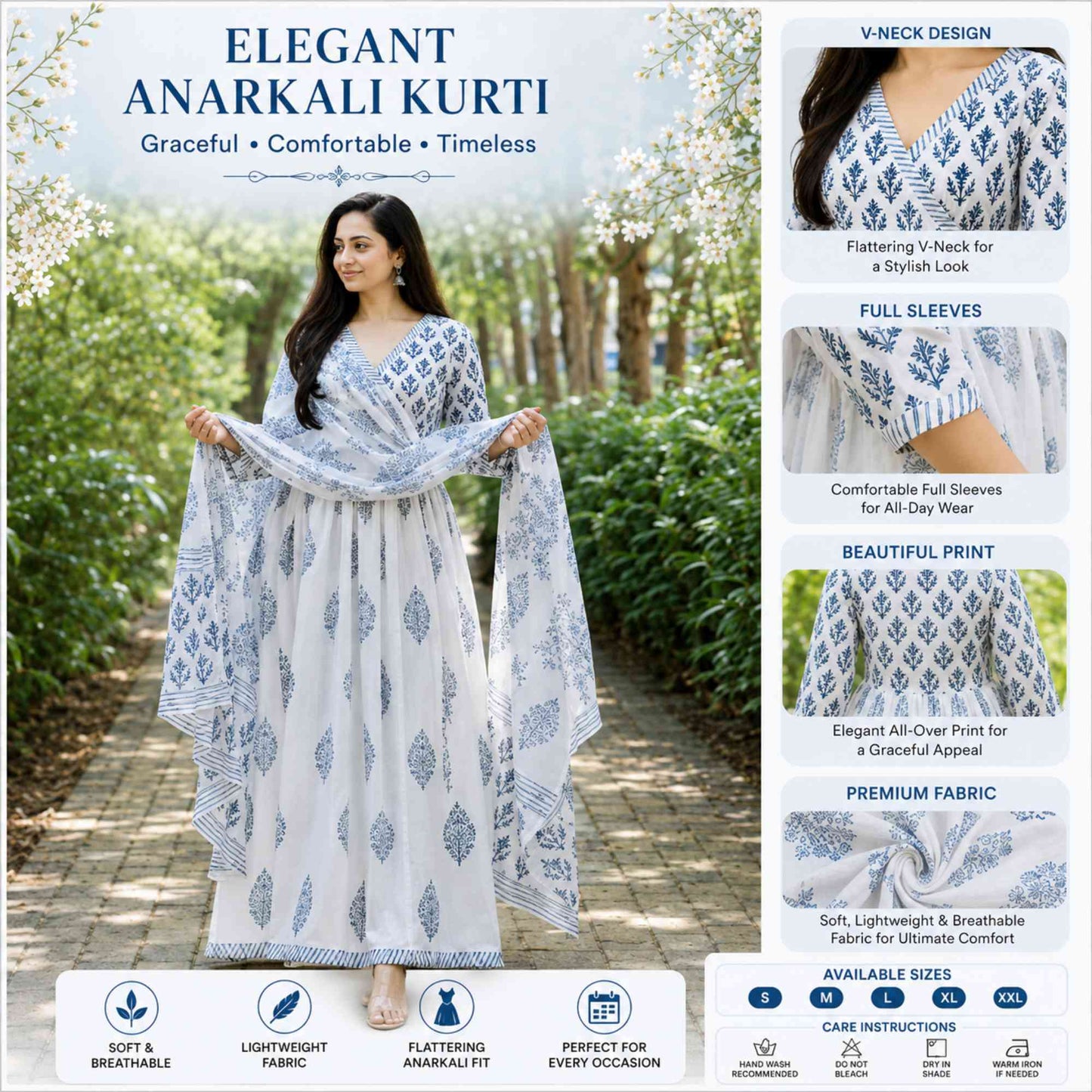 Elegant Blue Anarkali Kurti With Dupatta