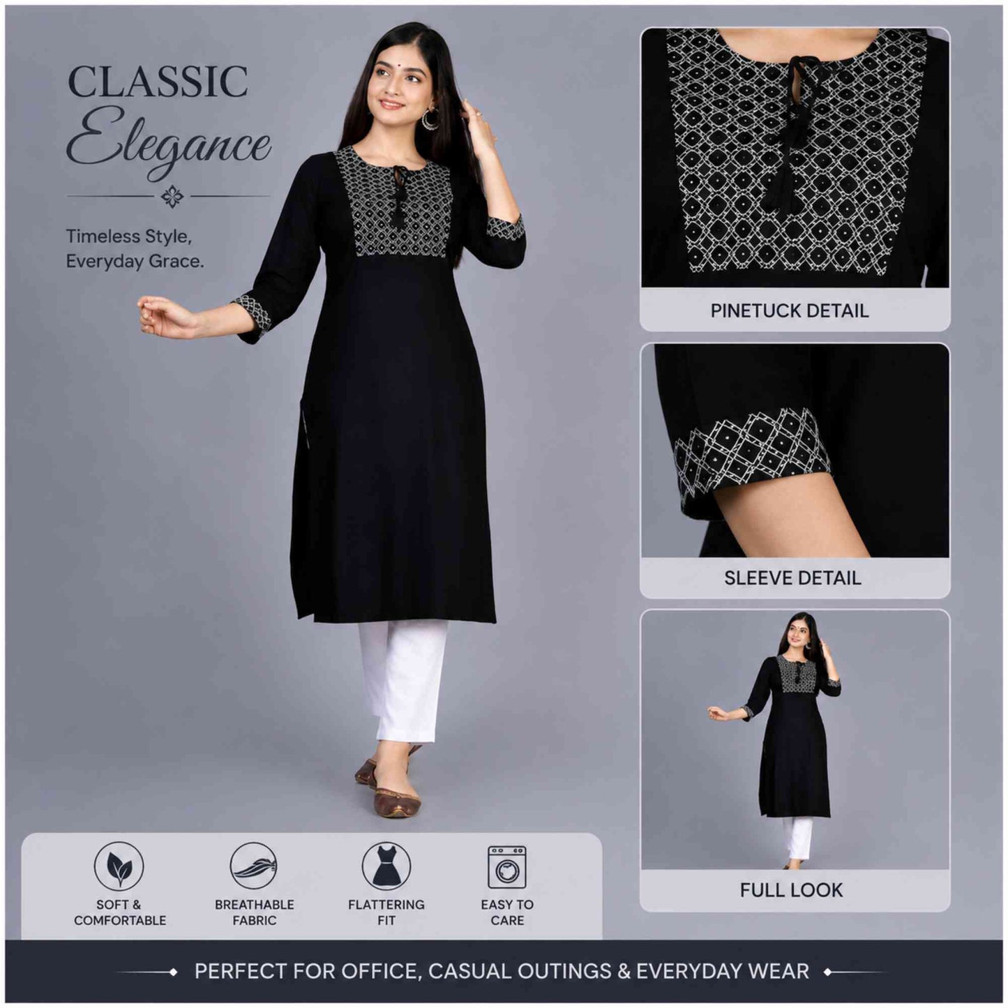 Elegant Black Rayon Kurti For Women